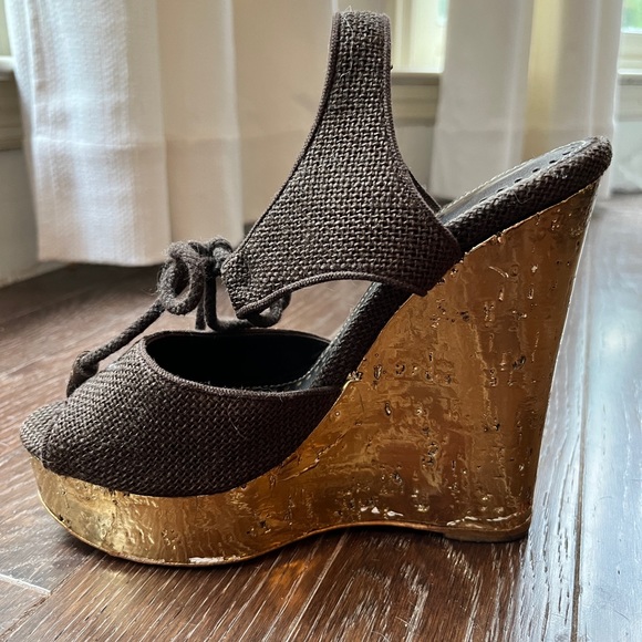YVES SAINT LAURENT CANVAS WEDGE SANDALS BROWN 38 - Picture 3 of 12